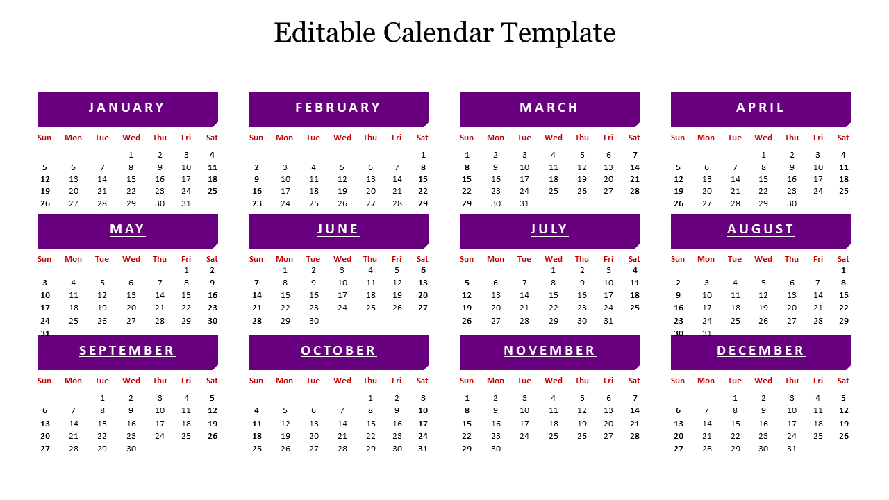 Editable Calendar Template